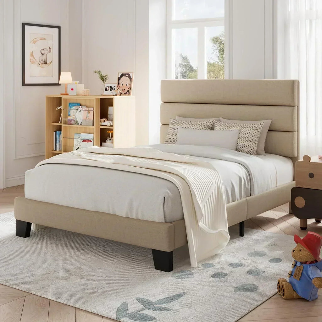 Allewie King size platform bed frame with velvet upholstered headboard and planks