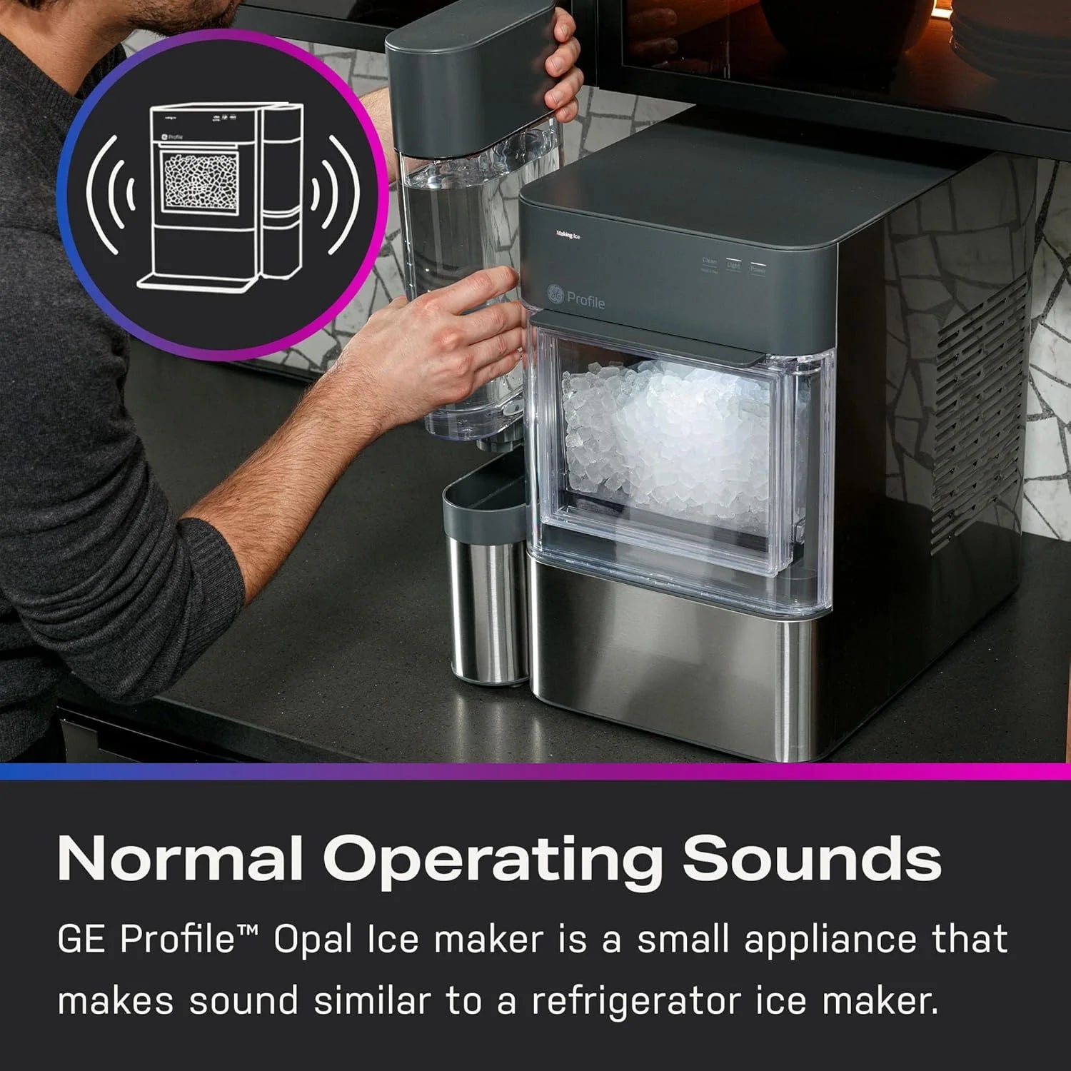 GE Profile Opal 2.0 with 0.75 Gallon Tank, Chewable Crunchable Countertop Nugget Ice Maker, Scoop included, 38 lbs in 24 hours, Pellet Ice Machine with WiFi & Smart Connected, Black Stainless Steel