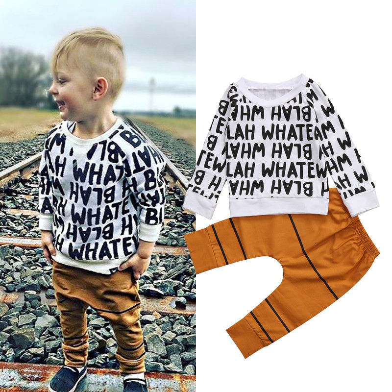 Baby boy clothes 2017 New Winter and Autumn Letters Printed long sleeve t-shirt Top + casual long pants 2pcs suit kids clothes