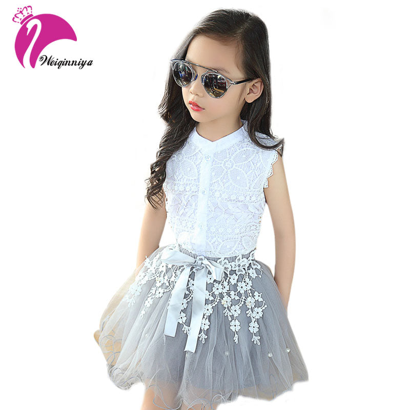 Fashion Baby Girls Clothing Sets New Summer 2017 Sleeveless Tops Tees + Lace Skirt 2 Pcs Suit Casual Children Pullover Clothes