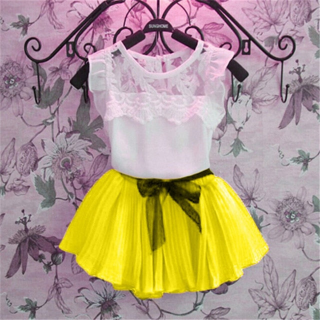 Fashion Baby Girls Clothing Sets New Summer 2017 Sleeveless Tops Tees + Lace Skirt 2 Pcs Suit Casual Children Pullover Clothes